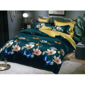 Lenjerie pat dublu, Ralex Pucioasa,  Finet, 6 piese, cu elastic, Verde, flori, fluturi