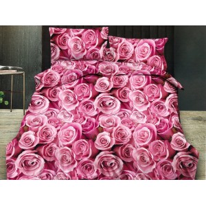 Lenjerie pat dublu, Ralex Pucioasa,  Finet, 6 piese, cu elastic, Roz, flori, trandafiri