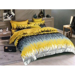 Lenjerie pat dublu, Ralex Pucioasa,  Finet, 6 piese, cu elastic, Gri-Galben, model clasic