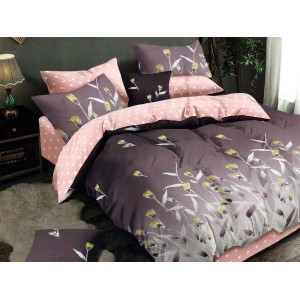 Lenjerie pat dublu, Ralex Pucioasa,  Finet, 6 piese, cu elastic, Mov-Roz, flori