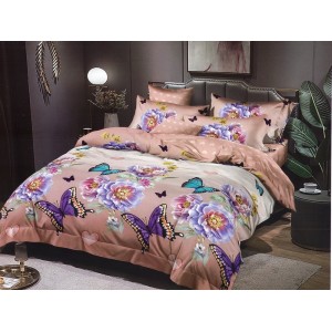 Lenjerie pat dublu, Ralex Pucioasa,  Finet, 6 piese, cu elastic, Roz, fluturi, flori