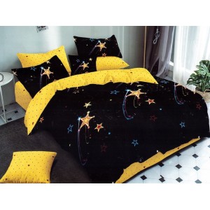 Lenjerie pat dublu, Ralex Pucioasa,  Finet, 6 piese, cu elastic, Negru-Galben, stelute