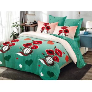 Lenjerie pat dublu, Ralex Pucioasa,  Finet, 6 piese, cu elastic, Verde Menta, maci