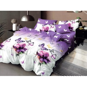 Lenjerie pat dublu, Ralex Pucioasa,  Finet, 6 piese, cu elastic, Alb-Mov, flori