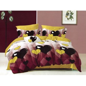 Lenjerie pat dublu, Ralex Pucioasa,  Finet, 6 piese, cu elastic, Galben-Rosu, inimioare