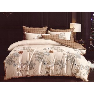Lenjerie pat dublu, Ralex Pucioasa,  Finet, 6 piese, cu elastic, Bej, flori