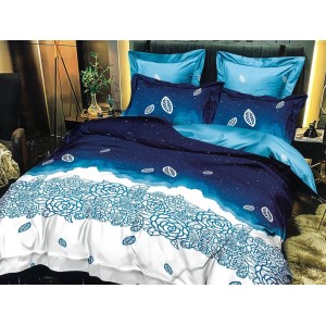 Lenjerie pat dublu, Ralex Pucioasa,  Finet, 6 piese, cu elastic, Albastru, flori