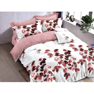 Lenjerie pat dublu, Ralex Pucioasa,  Finet, 6 piese, cu elastic, Alb-Roz, flori