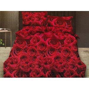 Lenjerie pat dublu, Ralex Pucioasa,  Finet, 6 piese, cu elastic, Rosu, flori, trandafiri