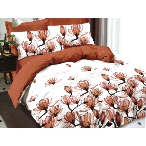 Lenjerie pat dublu, Ralex Pucioasa,  Finet, 6 piese, cu elastic, Alb-Maro, flori