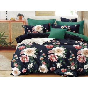 Lenjerie pat dublu, Ralex Pucioasa,  Finet, 6 piese, cu elastic, Bleumarin, flori