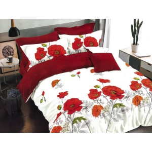 Lenjerie pat dublu, Ralex Pucioasa,  Finet, 6 piese, cu elastic, Alb-Rosu, maci