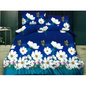 Lenjerie pat dublu, Ralex Pucioasa,  Finet, 6 piese, cu elastic, Albastru, flori, fluturi