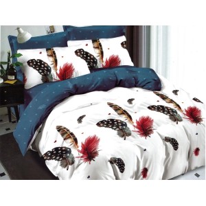 Lenjerie pat dublu, Ralex Pucioasa,  Finet, 6 piese, cu elastic, Alb-Bleumarin, pene