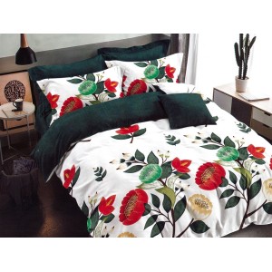 Lenjerie pat dublu, Ralex Pucioasa,  Finet, 6 piese, cu elastic, Alb-Verde, flori