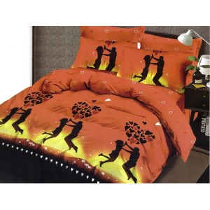 Lenjerie pat dublu, Ralex Pucioasa,  Finet, 6 piese, cu elastic, Portocaliu, indragostiti, inimioare