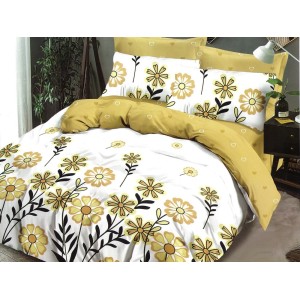 Lenjerie pat dublu, Ralex Pucioasa,  Finet, 6 piese, cu elastic, Alb-Galben, flori