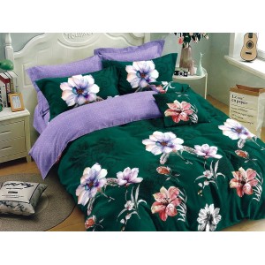 Lenjerie pat dublu, Ralex Pucioasa,  Finet, 6 piese, cu elastic, Verde-Albastru, flori