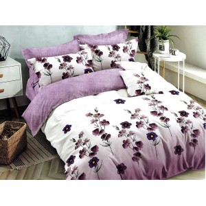Lenjerie pat dublu, Ralex Pucioasa,  Finet, 6 piese, cu elastic, Alb-Mov, flori