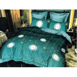 Lenjerie pat dublu, Ralex Pucioasa,  Finet, 6 piese, cu elastic, Verde, stelute