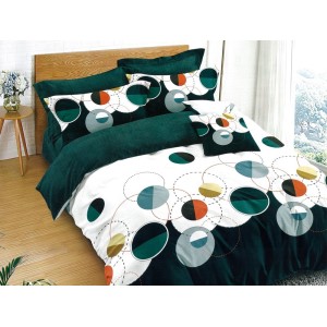 Lenjerie pat dublu, Ralex Pucioasa,  Finet, 6 piese, cu elastic, Alb-Verde, cercuri, buline