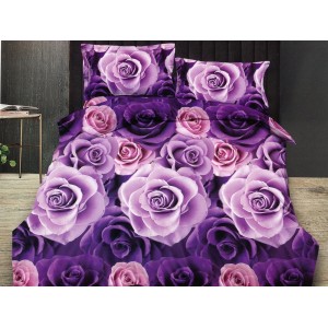 Lenjerie pat dublu, Ralex Pucioasa,  Finet, 6 piese, cu elastic, Mov, flori, trandafiri