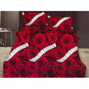 Lenjerie pat dublu, Ralex Pucioasa,  Finet, 6 piese, cu elastic, Rosu, flori, trandafiri