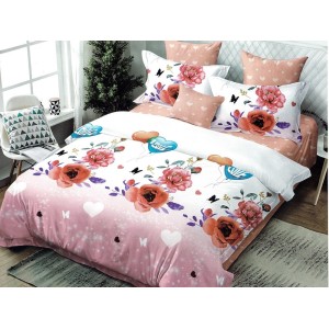 Lenjerie pat dublu, Ralex Pucioasa,  Finet, 6 piese, cu elastic, Alb-Roz, flori, inimioare