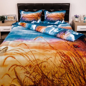 Lenjerie pat dublu, Ralex Pucioasa, Bumbac Satinat, 4 piese, 3D Digital Print, Galben-Albastru, peisaj