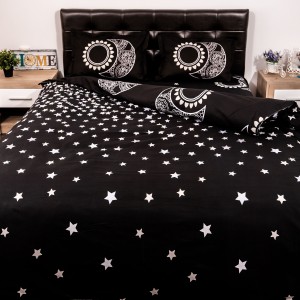 Lenjerie pat dublu, Ralex Pucioasa, Bumbac Satinat, 4 piese, 3D Digital Print, Negru-Alb, stelute