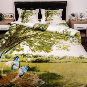 Lenjerie pat dublu, Ralex Pucioasa, Bumbac Satinat, 4 piese, 3D Digital Print, verde, peisaj