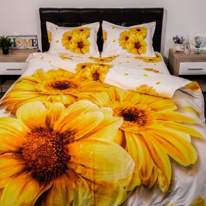 Lenjerie pat dublu, Ralex Pucioasa, Bumbac Satinat, 4 piese, 3D Digital Print, Galben, floarea soarelui