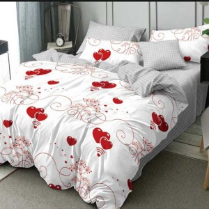 Lenjerie pat dublu, Ralex Pucioasa, Bumbac Finet, 6 piese, Alb-Rosu, inimioare