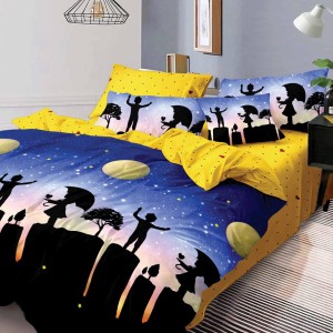 Lenjerie pat dublu, Ralex Pucioasa,  Finet, 6 piese, Albastru-Galben, indragostiti, stelute