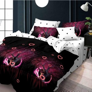 Lenjerie pat dublu, Ralex Pucioasa,  Finet, 6 piese, Negru-Alb, copaci, inimioare