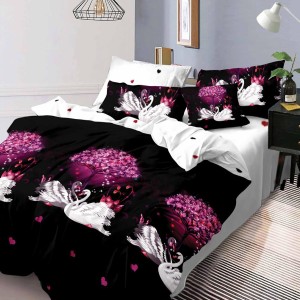 Lenjerie pat dublu, Ralex Pucioasa,  Finet, 6 piese, Bleumarin-Alb, lebede, copaci, inimioare