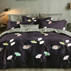 Lenjerie pat dublu, Ralex Pucioasa,  Finet, 6 piese, Bleumarin-Gri, frunze