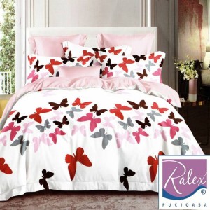 Lenjerie pat dublu, Ralex Pucioasa,  Finet, 6 piese, Alb-Roz, fluturi