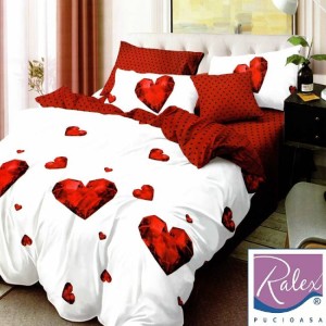 Lenjerie pat dublu, Ralex Pucioasa,  Finet, 6 piese, Alb-Rosu, inimioare