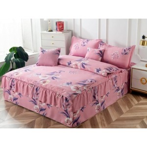 Lenjerie pat dublu,  FINET, 6 piese, cu VOLANASE, Roz, flori