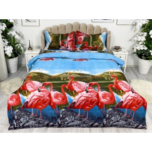 Lenjerie pat dublu, 4 piese, IMPRIMEU 3D Multiplicat, Microfibra, Albastru, flamingo