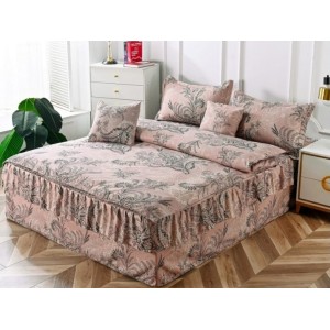 Lenjerie pat dublu,  FINET, 6 piese, cu VOLANASE, Bej-Gri, model elegant