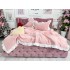 Lenjerie pat dublu,  FINET, cu Broderie si Volanase, 4 piese, cu Elastic, roz [9]