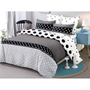 Lenjerie Pat Dublu,  FINET, 6 piese, Alb, Negru, Buline