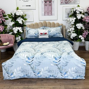 Lenjerie pat dublu, bumbac satinat,  Cearșaf cu ELASTIC 180x200cm, 4 PIESE, Bleu-Bleumarin, frunze