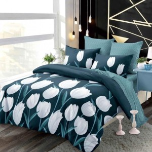 Lenjerie pat dublu,  FINET, cu elastic, 6 piese, Turquoise, Alb, Lalele