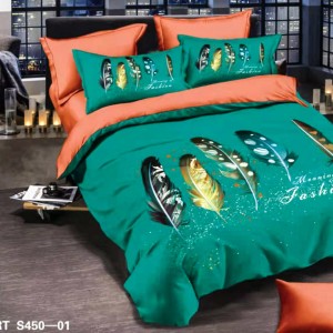 Lenjerie de Pat Dublu, 6 piese, Catifea 3D Premium - pentru Eleganță și Confort, Verde, Portocaliu, pene