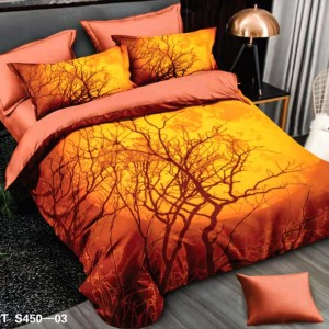 Lenjerie de Pat Dublu, 6 piese, Catifea 3D Premium - pentru Eleganță și Confort, Portocaliu, copaci