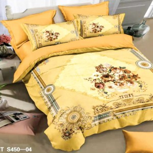 Lenjerie de Pat Dublu, 6 piese, Catifea 3D Premium - pentru Eleganță și Confort, Galben, flori