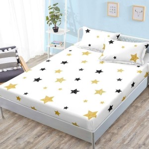 Cearșaf cu Elastic, Bumbac Satinat, 180x200 cm + 2 Fețe de Pernă 50x70 cm, Alb, Stelute